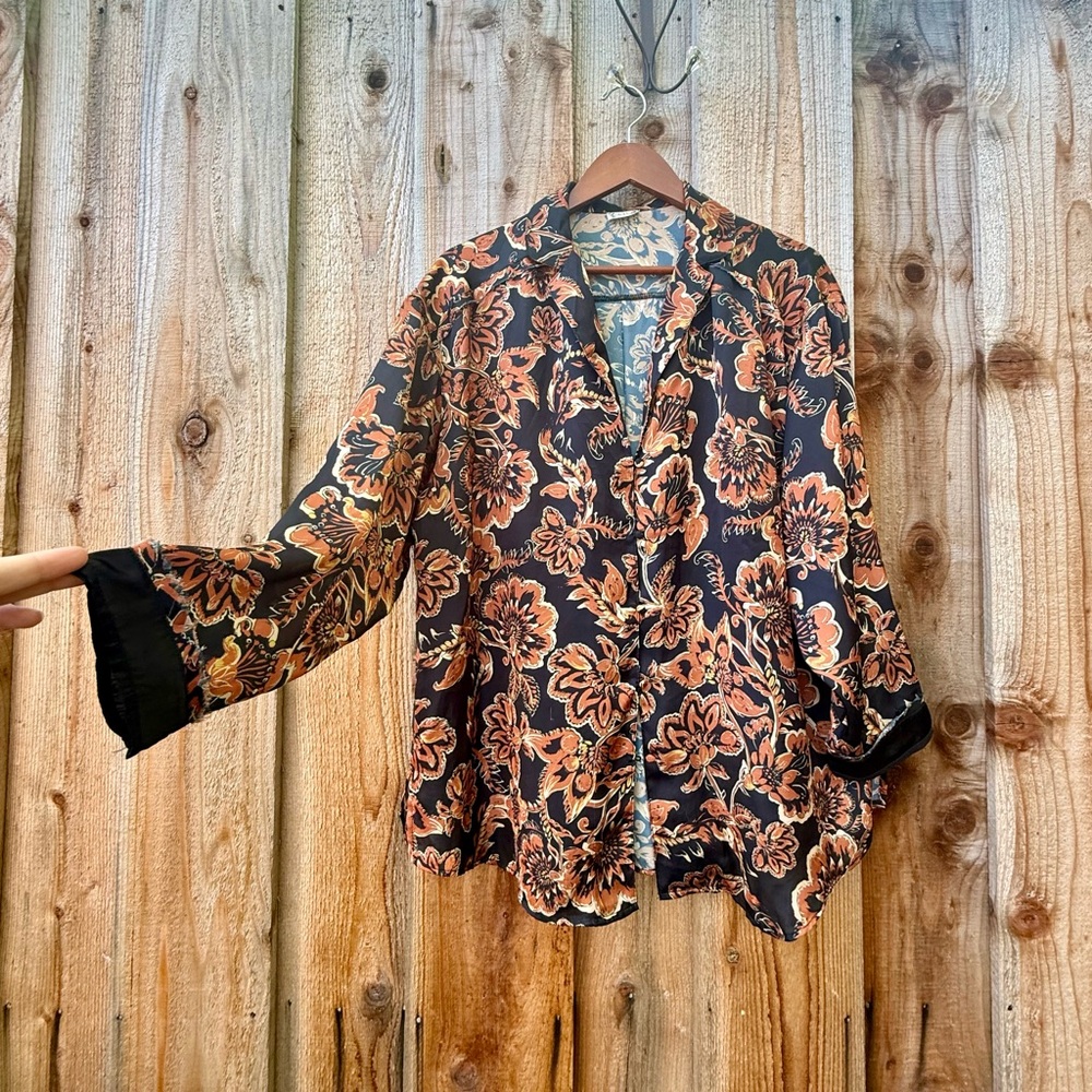FREE PEOPLE Black and Orange Floral Dream Days Satin Blouse 🌿